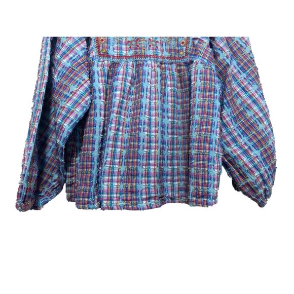 Sundance Peasant Embroidered Top Women Small Blue Plaid Puff Sleeves Boho Dainty - Picture 9 of 16